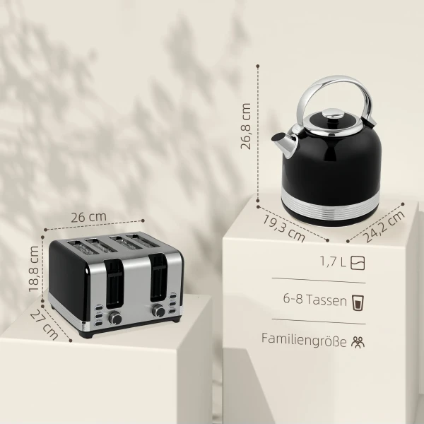 Waterkoker en broodrooster set, 7 bruiningsniveaus, 1,7 l, kunststof, roestvrij staal, zwart 4