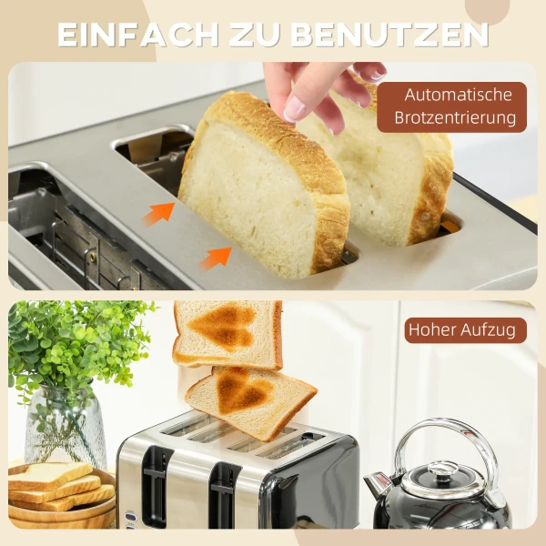 Waterkoker en broodrooster set, 7 bruiningsniveaus, 1,7 l, kunststof, roestvrij staal, zwart 9