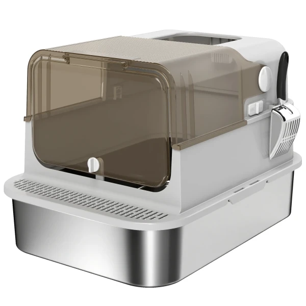 Xxl roestvrijstalen kattenbak met klapdeksel, kattenbak met schep, voor grote katten tot 12 kg, makkelijk te reinigen 1