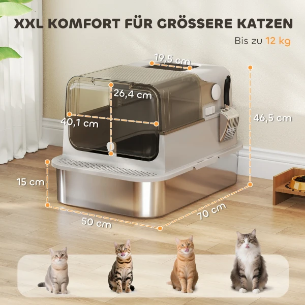Xxl roestvrijstalen kattenbak met klapdeksel, kattenbak met schep, voor grote katten tot 12 kg, makkelijk te reinigen 4