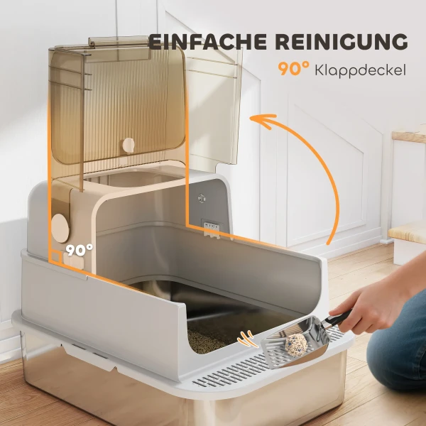 Xxl roestvrijstalen kattenbak met klapdeksel, kattenbak met schep, voor grote katten tot 12 kg, makkelijk te reinigen 6