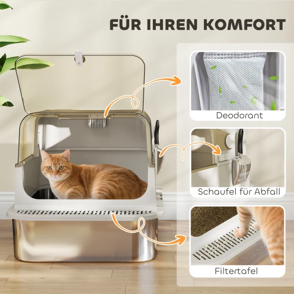 Xxl roestvrijstalen kattenbak met klapdeksel, kattenbak met schep, voor grote katten tot 12 kg, makkelijk te reinigen 8