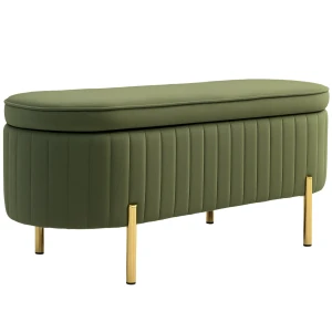 Zitbank met klapdeksel en opbergruimte, stoffen bekleding, hout, metaal, donkergroen+goudkleurig 1