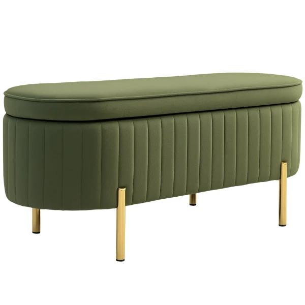 Zitbank met klapdeksel en opbergruimte, stoffen bekleding, hout, metaal, donkergroen+goudkleurig 1