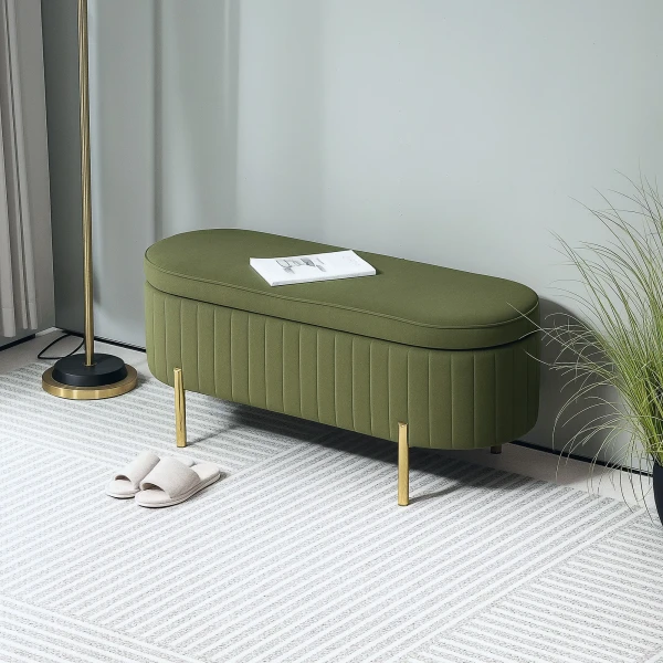 Zitbank met klapdeksel en opbergruimte, stoffen bekleding, hout, metaal, donkergroen+goudkleurig 2