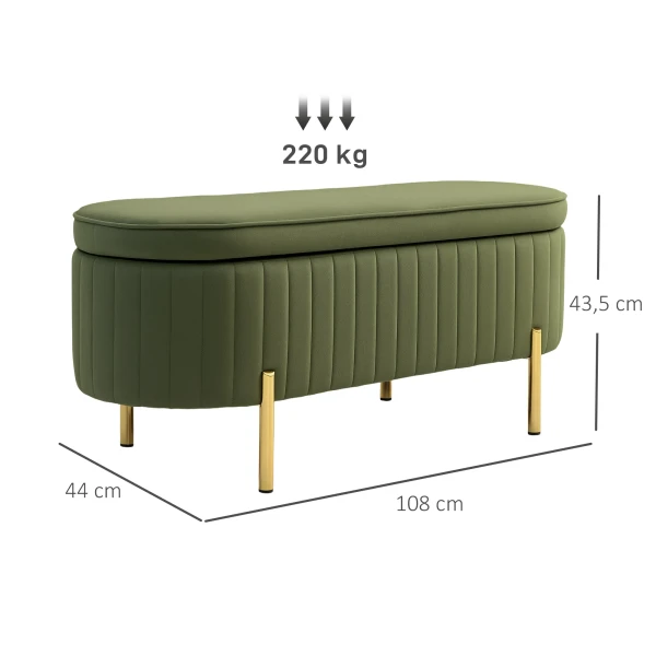 Zitbank met klapdeksel en opbergruimte, stoffen bekleding, hout, metaal, donkergroen+goudkleurig 4