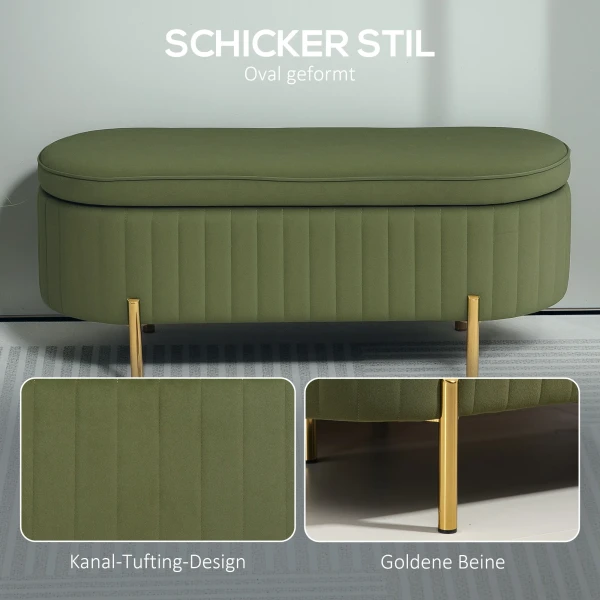 Zitbank met klapdeksel en opbergruimte, stoffen bekleding, hout, metaal, donkergroen+goudkleurig 6