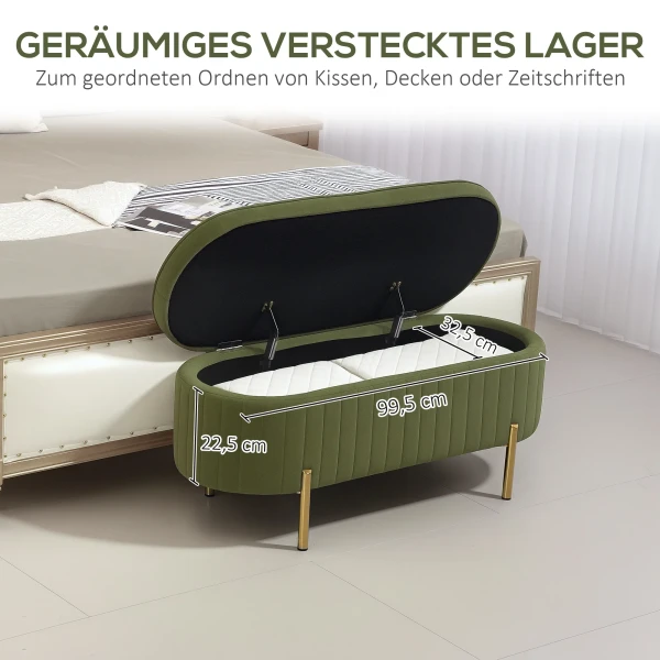 Zitbank met klapdeksel en opbergruimte, stoffen bekleding, hout, metaal, donkergroen+goudkleurig 7