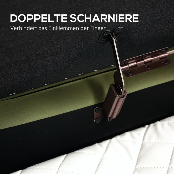 Zitbank met klapdeksel en opbergruimte, stoffen bekleding, hout, metaal, donkergroen+goudkleurig 8