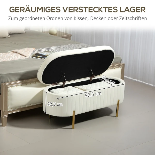Zitbank met klapdeksel en opbergruimte, stoffen bekleding, metaal, crèmewit+goudkleurig 7