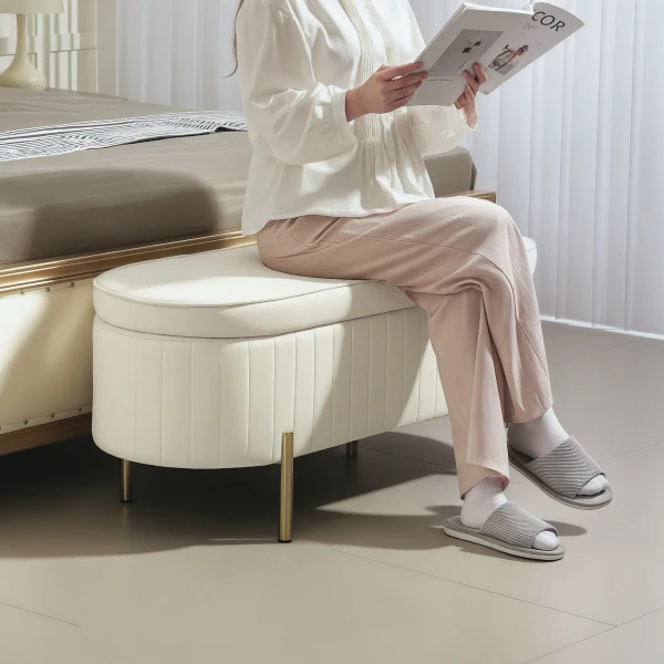 Zitbank met klapdeksel en opbergruimte, stoffen bekleding, metaal, crèmewit+goudkleurig 9