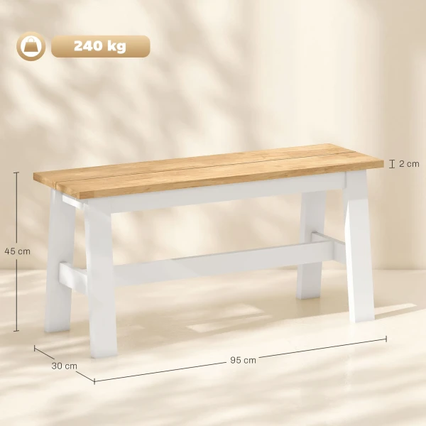 Zitbank voor 2, houten bank in eikenlook, stabiliserende dwarsbalk, voor woonkamer, eetkamer, hal, rubberhout, wit 4