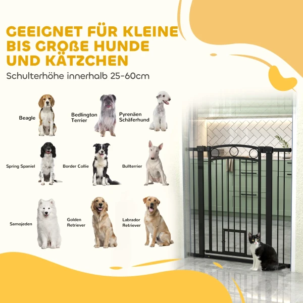 106 cm hoog huisdierhek met aanpasbare breedte, geïntegreerde kattendeur, voor trappen en deurkozijnen, zwart 10
