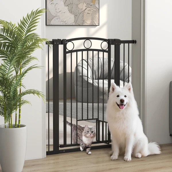 106 cm hoog huisdierhek met aanpasbare breedte, geïntegreerde kattendeur, voor trappen en deurkozijnen, zwart 2