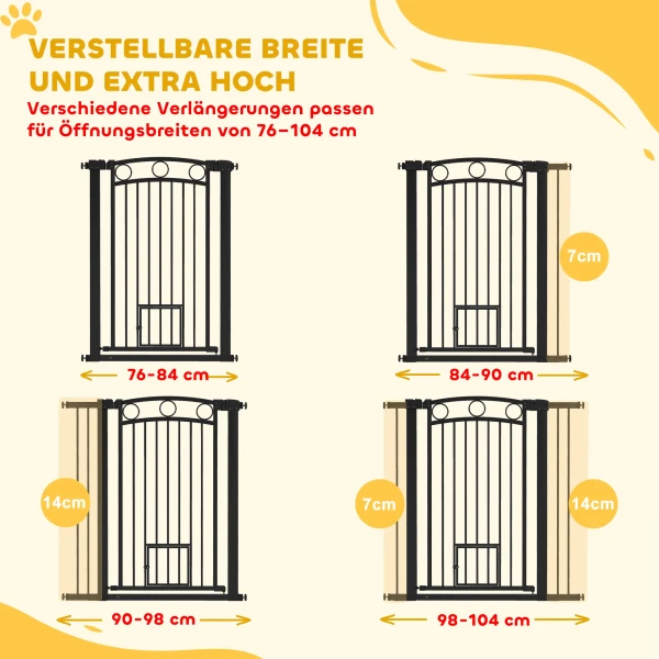 106 cm hoog huisdierhek met aanpasbare breedte, geïntegreerde kattendeur, voor trappen en deurkozijnen, zwart 5