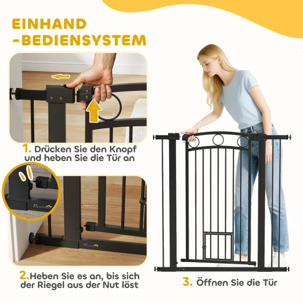 106 cm hoog huisdierhek met aanpasbare breedte, geïntegreerde kattendeur, voor trappen en deurkozijnen, zwart 7