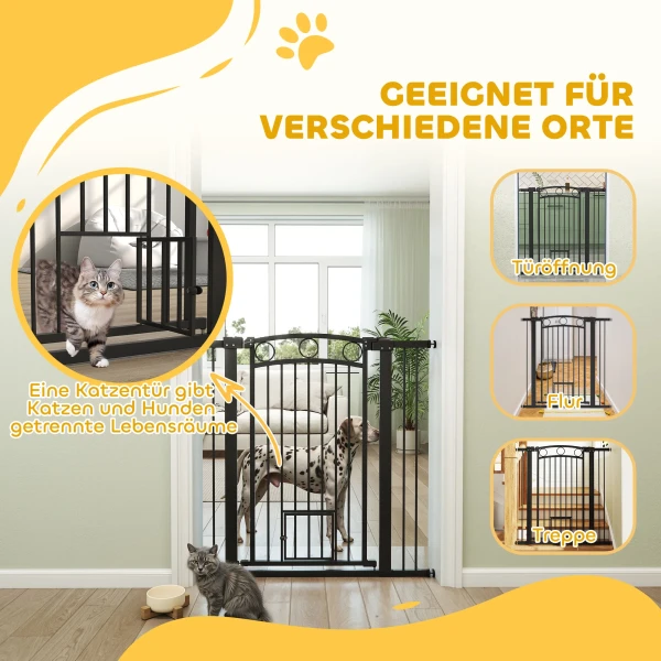 106 cm hoog huisdierhek met aanpasbare breedte, geïntegreerde kattendeur, voor trappen en deurkozijnen, zwart 9
