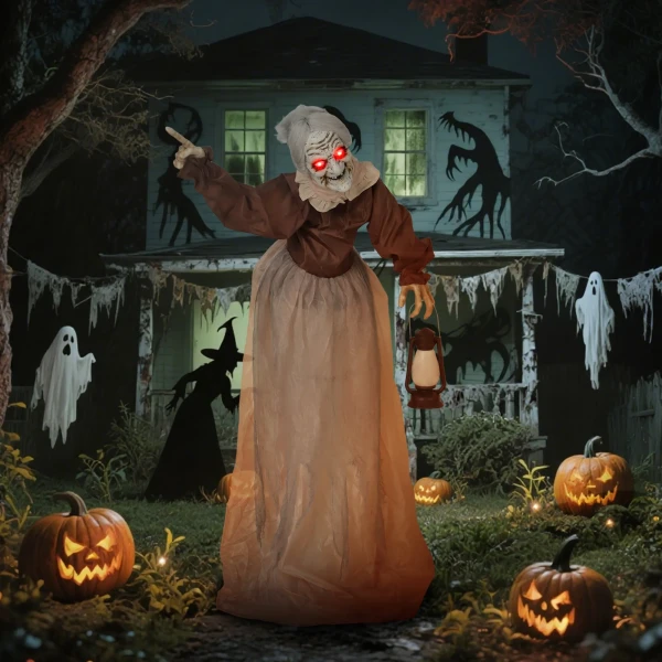 150 cm halloween decoratie halloween heks met led verlichting, geluidsfunctie verstelbare armen, hoofd 2