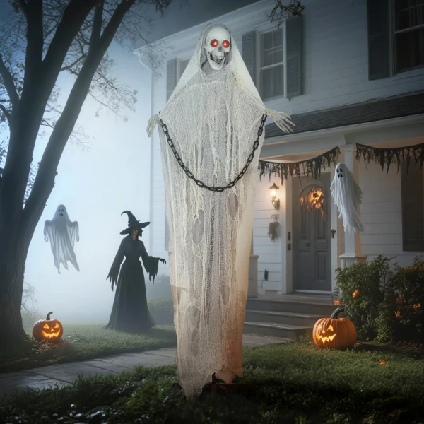 183cm halloween decoratie halloween magere hein met led verlichting, geluidsfunctie, voordeur decoratie met verstelbare armen, hoofd, tuin decoratiefiguur op ware grootte voor feest 10