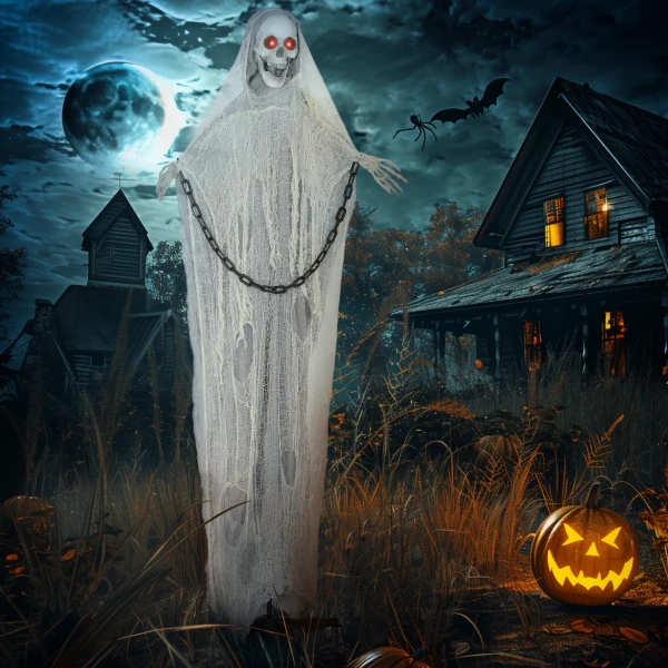183cm halloween decoratie halloween magere hein met led verlichting, geluidsfunctie, voordeur decoratie met verstelbare armen, hoofd, tuin decoratiefiguur op ware grootte voor feest 2