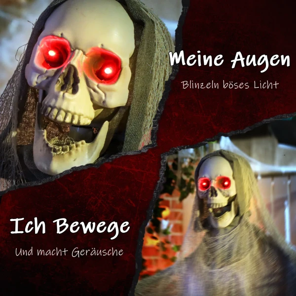 183cm halloween decoratie halloween magere hein met led verlichting, geluidsfunctie, voordeur decoratie met verstelbare armen, hoofd, tuin decoratiefiguur op ware grootte voor feest 5
