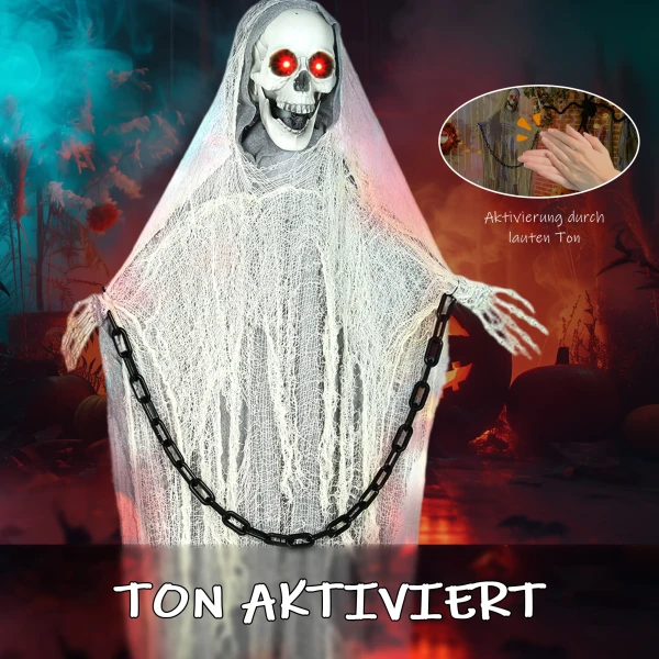 183cm halloween decoratie halloween magere hein met led verlichting, geluidsfunctie, voordeur decoratie met verstelbare armen, hoofd, tuin decoratiefiguur op ware grootte voor feest 6