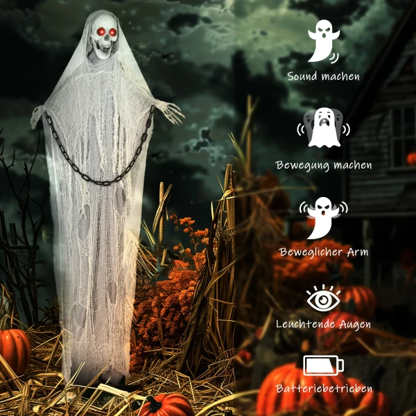 183cm halloween decoratie halloween magere hein met led verlichting, geluidsfunctie, voordeur decoratie met verstelbare armen, hoofd, tuin decoratiefiguur op ware grootte voor feest 7