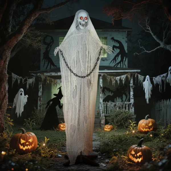 183cm halloween decoratie halloween magere hein met led verlichting, geluidsfunctie, voordeur decoratie met verstelbare armen, hoofd, tuin decoratiefiguur op ware grootte voor feest 9