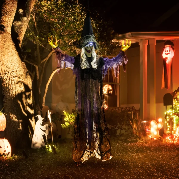 183cm halloween decoratie hangende halloween heks met led verlichting, geluidsfunctie verstelbare armen, mond 10
