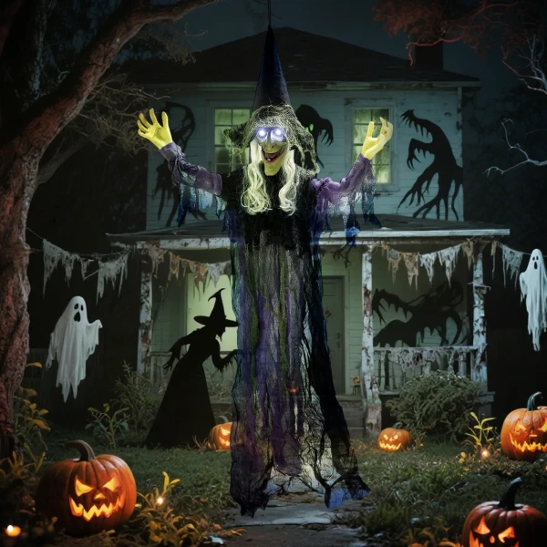 183cm halloween decoratie hangende halloween heks met led verlichting, geluidsfunctie verstelbare armen, mond 2