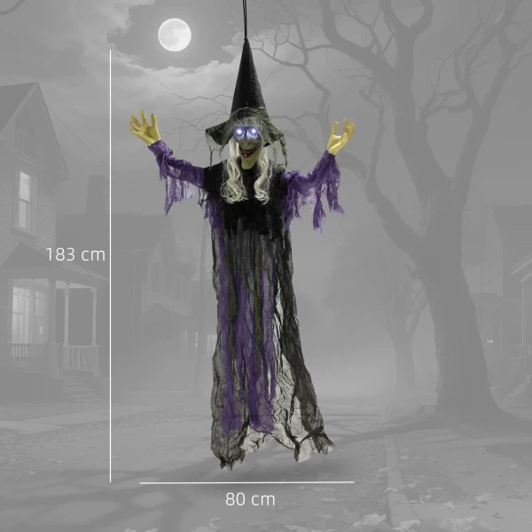 183cm halloween decoratie hangende halloween heks met led verlichting, geluidsfunctie verstelbare armen, mond 4