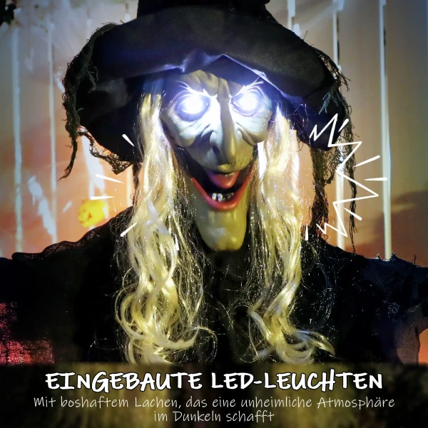 183cm halloween decoratie hangende halloween heks met led verlichting, geluidsfunctie verstelbare armen, mond 6