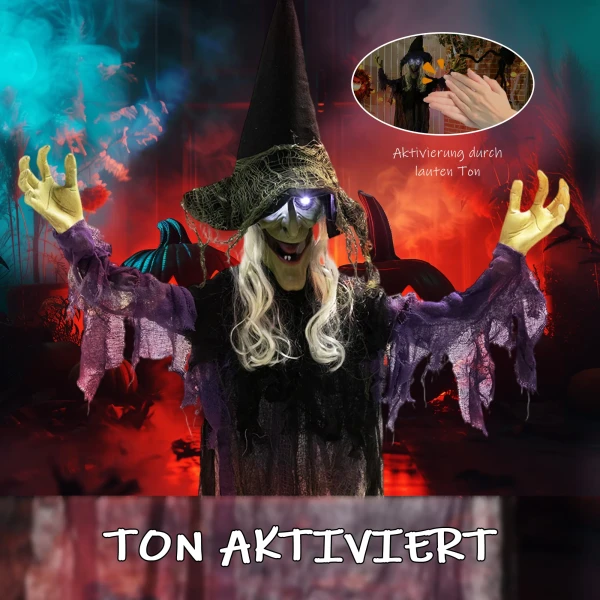 183cm halloween decoratie hangende halloween heks met led verlichting, geluidsfunctie verstelbare armen, mond 7