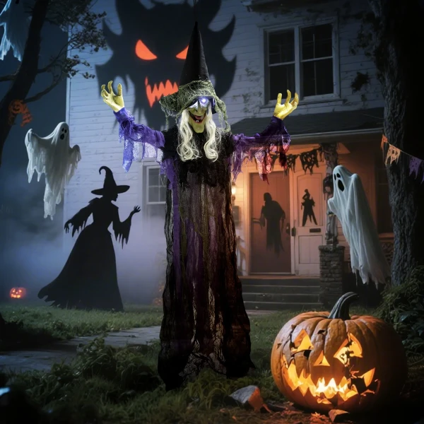 183cm halloween decoratie hangende halloween heks met led verlichting, geluidsfunctie verstelbare armen, mond 9