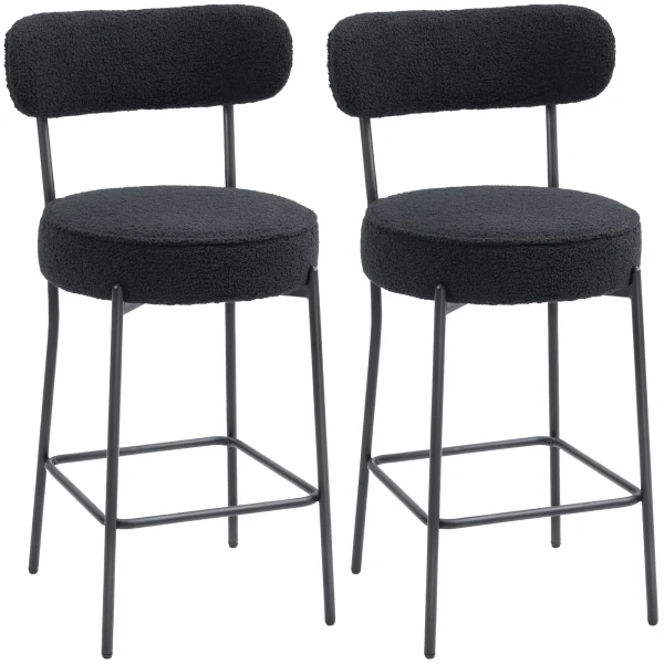 2 delige set barkrukken met gestoffeerde zitting en voetensteun, fleece hoes, metalen frame, zwart 1