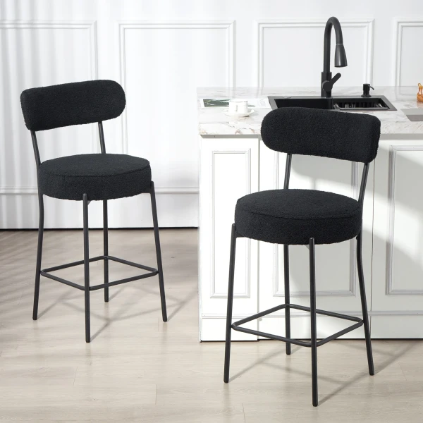 2 delige set barkrukken met gestoffeerde zitting en voetensteun, fleece hoes, metalen frame, zwart 2