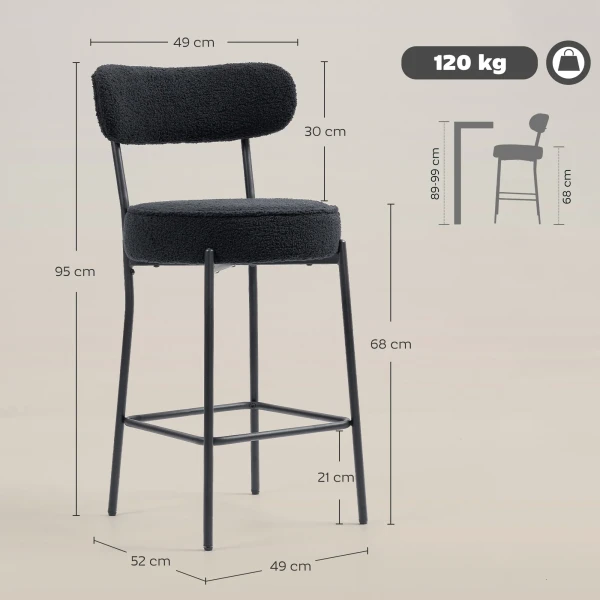 2 delige set barkrukken met gestoffeerde zitting en voetensteun, fleece hoes, metalen frame, zwart 4