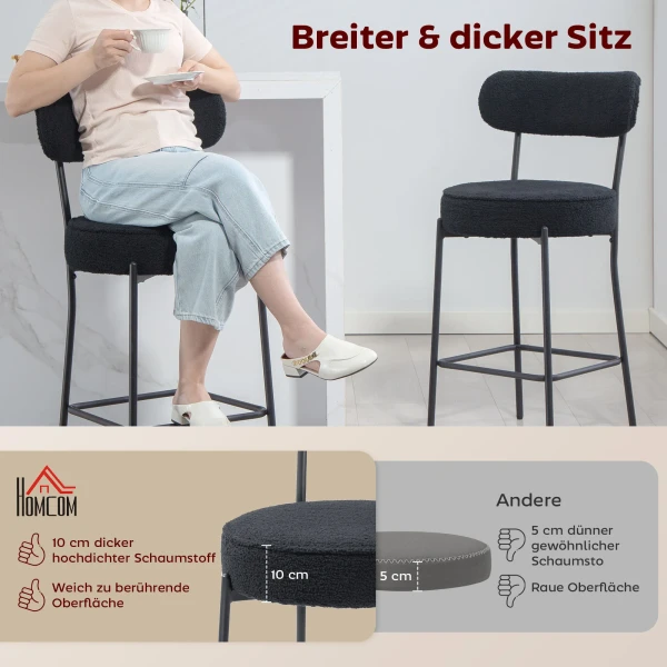 2 delige set barkrukken met gestoffeerde zitting en voetensteun, fleece hoes, metalen frame, zwart 5