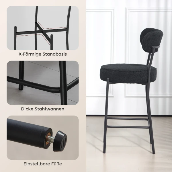 2 delige set barkrukken met gestoffeerde zitting en voetensteun, fleece hoes, metalen frame, zwart 7