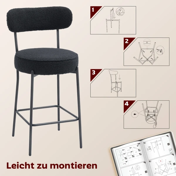 2 delige set barkrukken met gestoffeerde zitting en voetensteun, fleece hoes, metalen frame, zwart 8