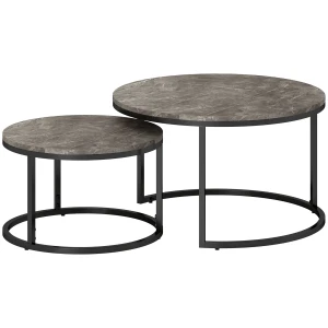 2 delige set ronde salontafels, stapelbare bijzettafels met metalen frame, woonkamertafel in marmerlook, koffietafel, grijs 1