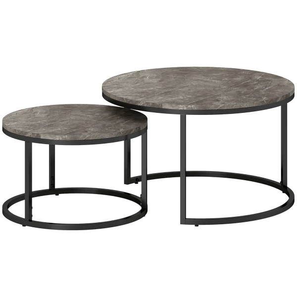 2 delige set ronde salontafels, stapelbare bijzettafels met metalen frame, woonkamertafel in marmerlook, koffietafel, grijs 1
