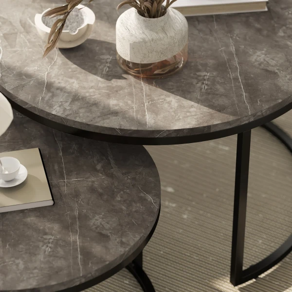 2 delige set ronde salontafels, stapelbare bijzettafels met metalen frame, woonkamertafel in marmerlook, koffietafel, grijs 10