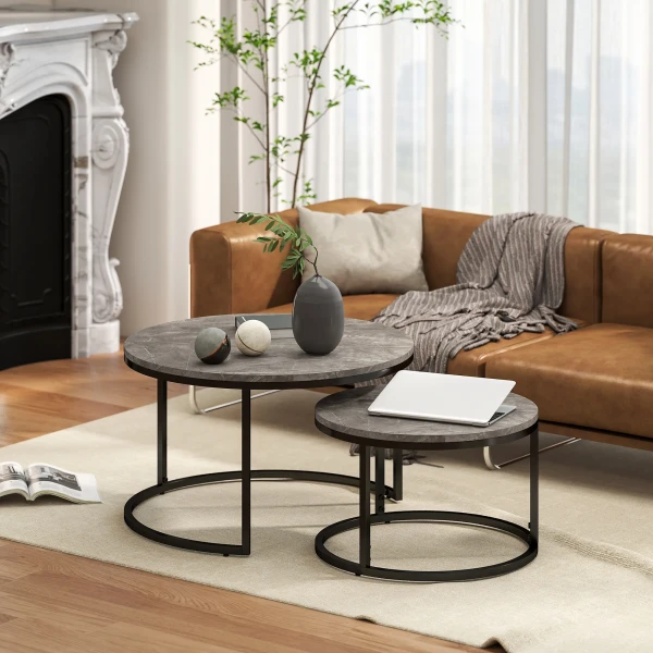 2 delige set ronde salontafels, stapelbare bijzettafels met metalen frame, woonkamertafel in marmerlook, koffietafel, grijs 2
