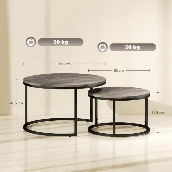 2 delige set ronde salontafels, stapelbare bijzettafels met metalen frame, woonkamertafel in marmerlook, koffietafel, grijs 4