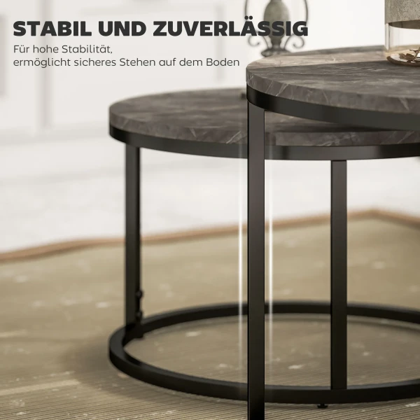 2 delige set ronde salontafels, stapelbare bijzettafels met metalen frame, woonkamertafel in marmerlook, koffietafel, grijs 7