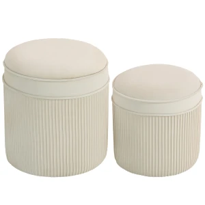 2 delige set zitkrukken met opbergruimte, kruk met deksel, ronde voetenbank met fluwelen look 36 x 36 x 41,5 cm crèmewit 1