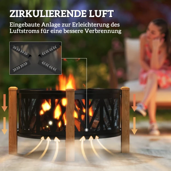 2 in 1 vuurkorf Ø75 x 58 cm vuurplaats met vonkenscherm, pook, grillrooster zwart 8
