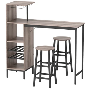3 delig. bartafel set met opbergruimte, wijnrekken, glashouders, krukken met voetensteun, voor kleine ruimtes, grijs 1