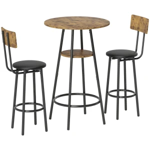 3 delige bartafel set met 2 gestoffeerde krukken, kunstleren bekleding, rugleuning, metalen frame, bruin 1